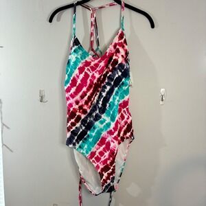 NWT-Eco Beach‎ Tie Dye One Piece Swimsuit Large Tie Dye Pink Criss Cross Back L